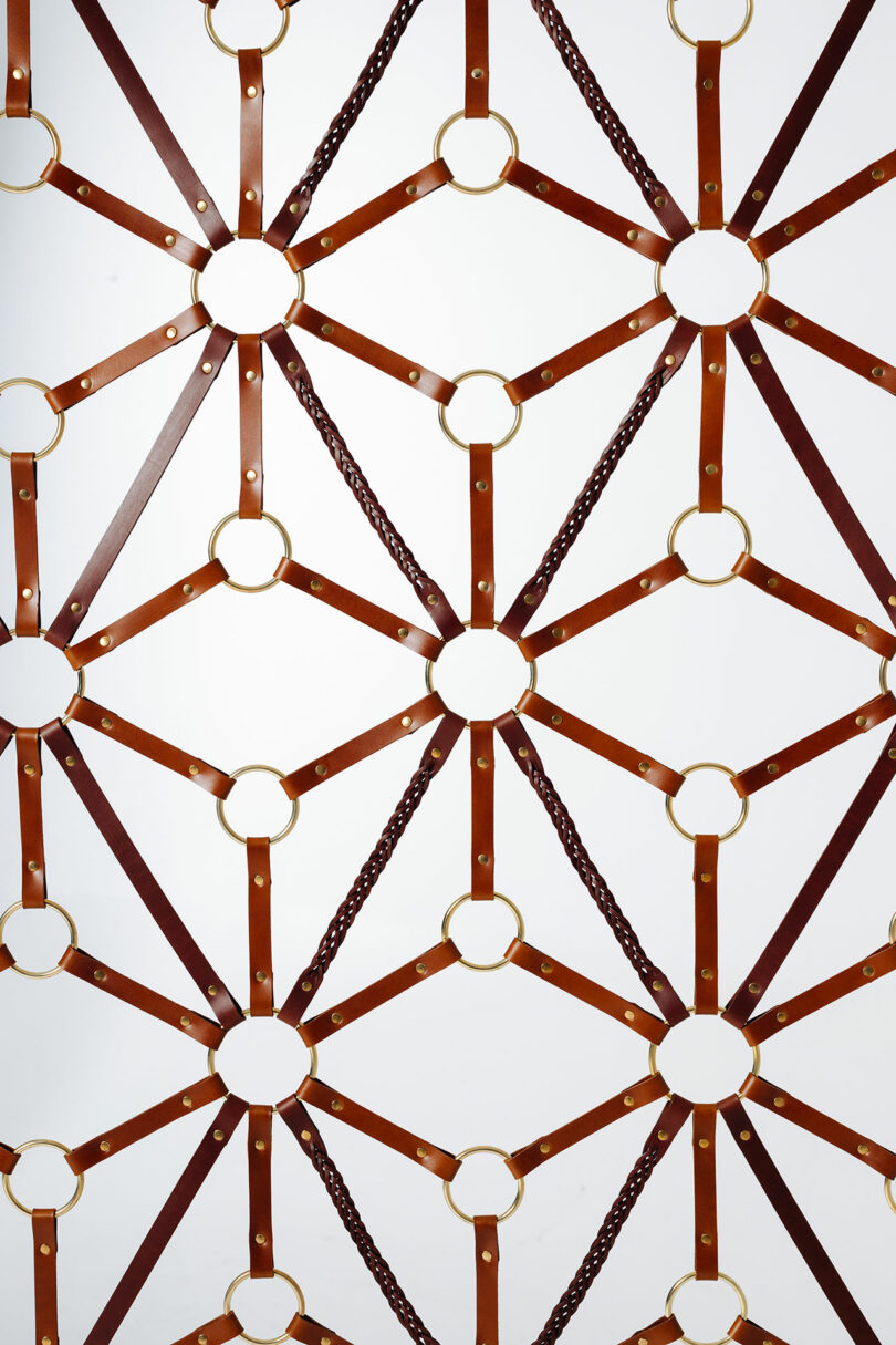 A geometric pattern of interconnected metal circles and leather on a white background.