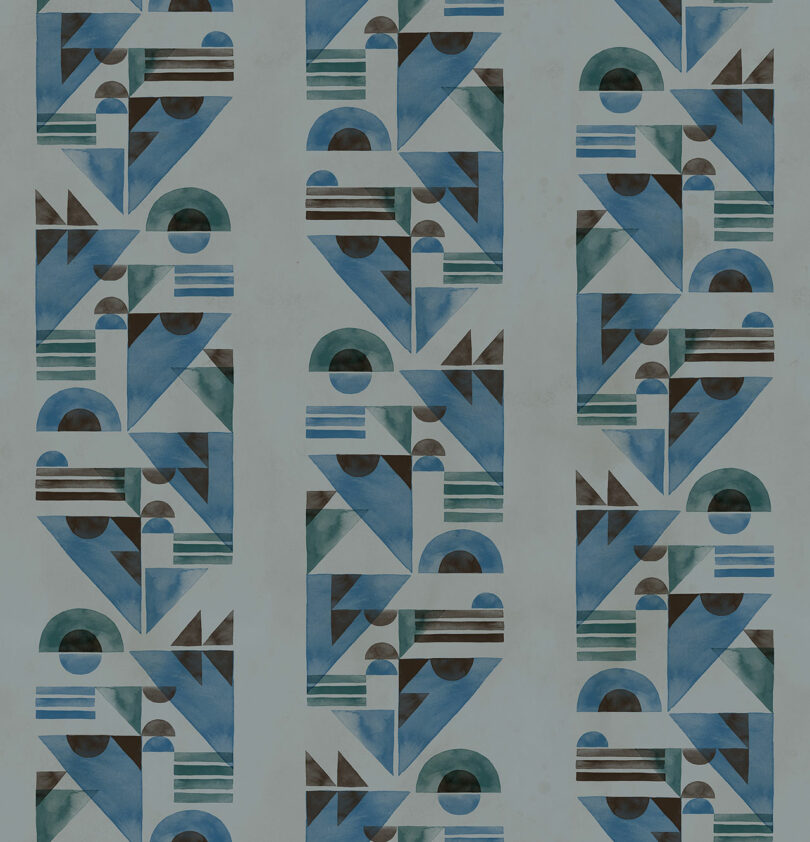 Geometric abstract pattern with a repetitive arrangement of shapes in shades of blue.