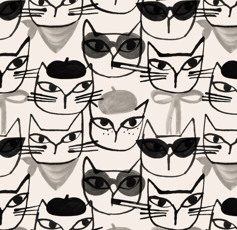 Monochrome pattern featuring various stylized cat faces with sunglasses.