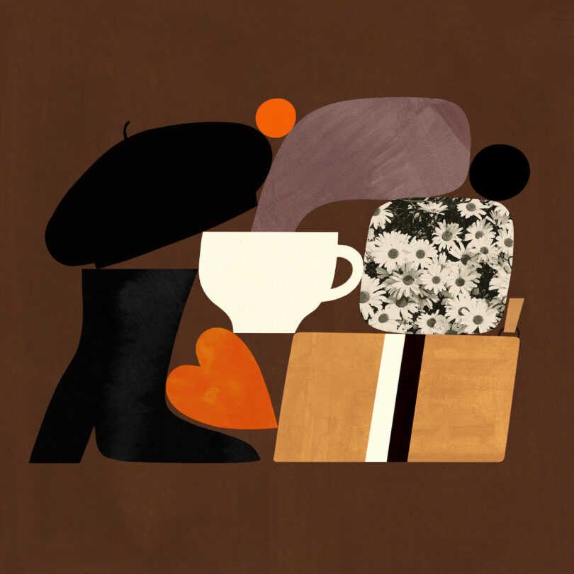 Abstract composition with stylized elements representing a beret, a coffee cup, floral patterns, and geometric shapes.