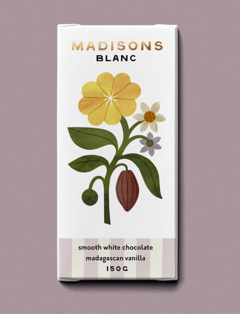 A white chocolate bar packaging with a botanical illustration, highlighting madagascar vanilla flavor.