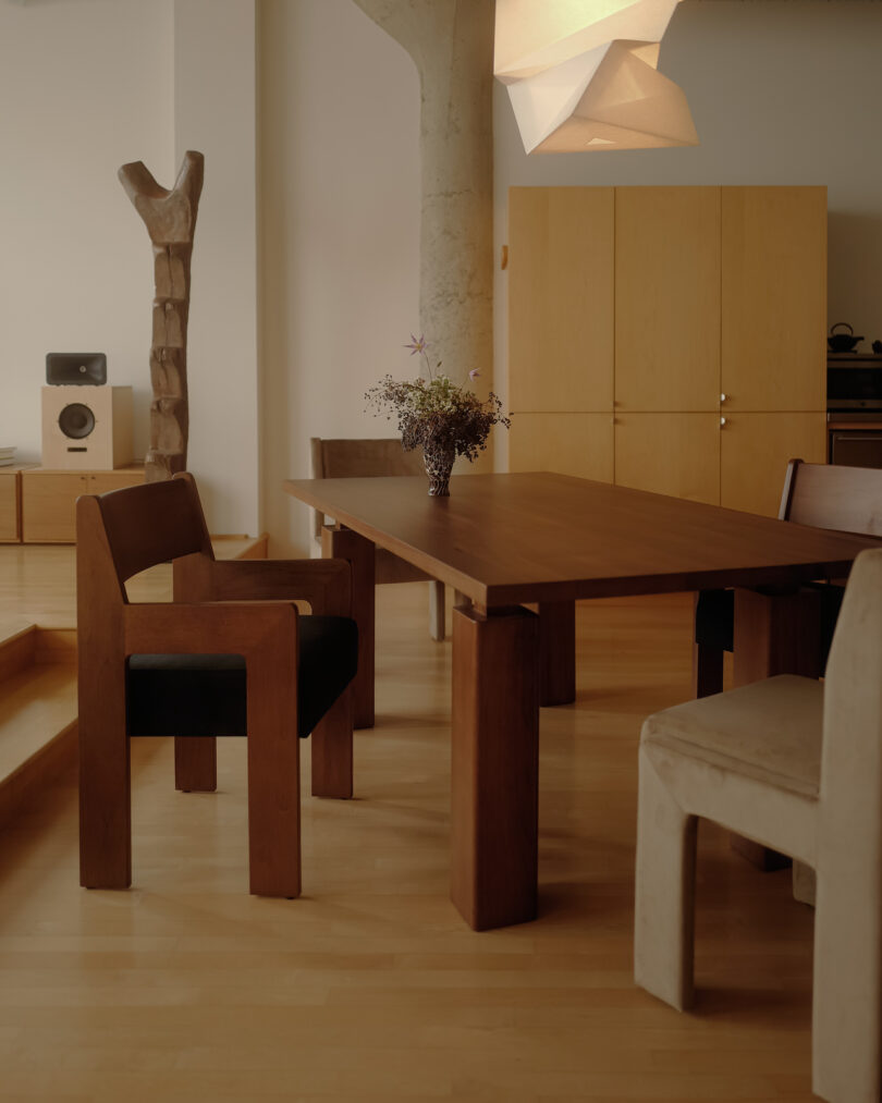dining chairs around a wood dining table