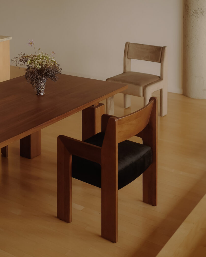 dining chairs around a wood dining table