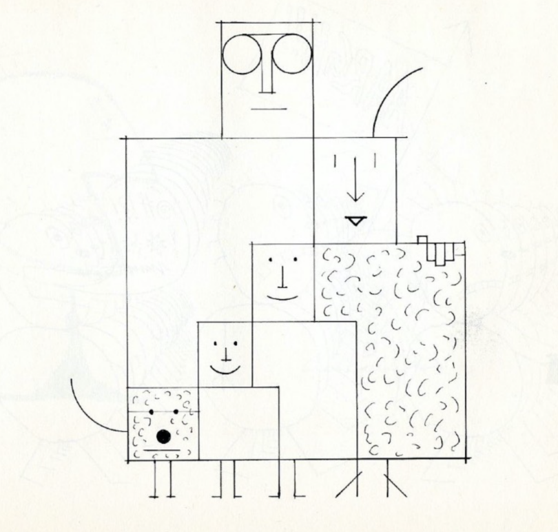 drawing of rectilinear forms resembling a family