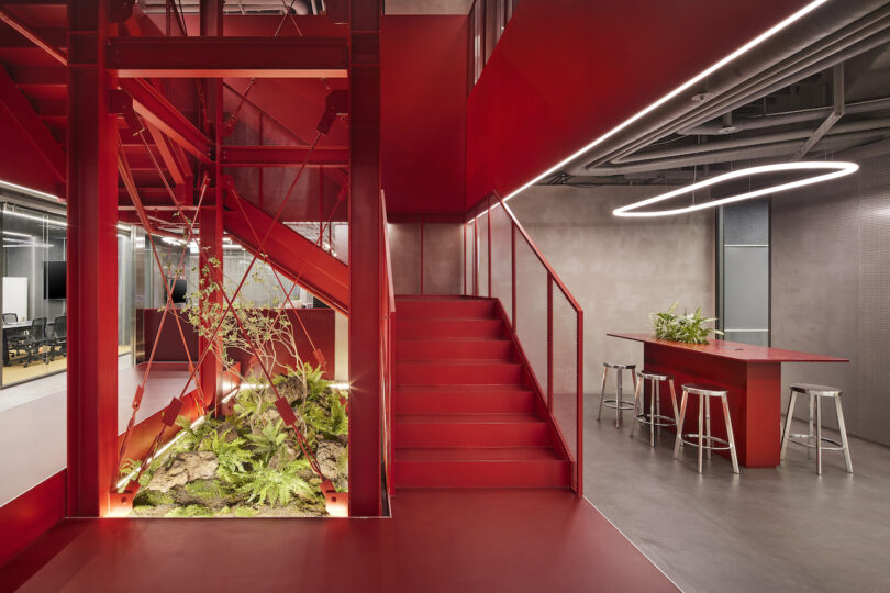 Intérieur de bureau moderne avec un escalier rouge vif, un terrarium et un mobilier minimaliste.