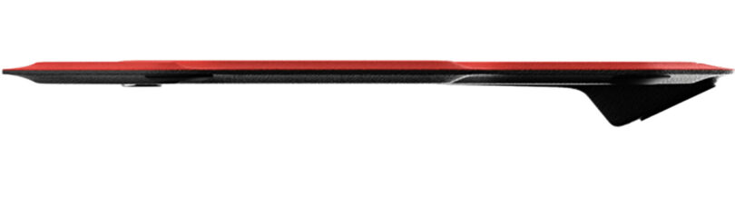 Side flat view of red myAir.0 wireless mouse showcasing its 4.5mm thinness