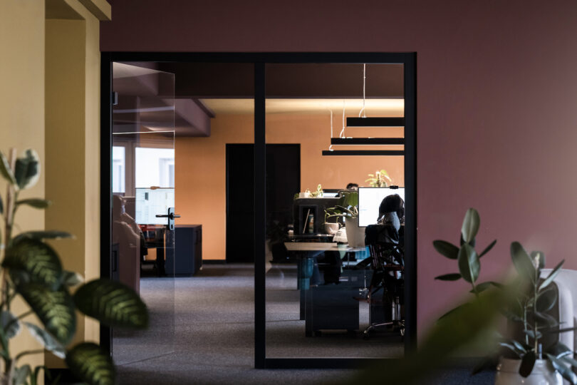 نمایی از یک فضای اداری مدرن از طریق یک درب شیشه ای، با شخصی که روی میزی کار می کند که توسط گیاهان سبز و NOA احاطه شده است.