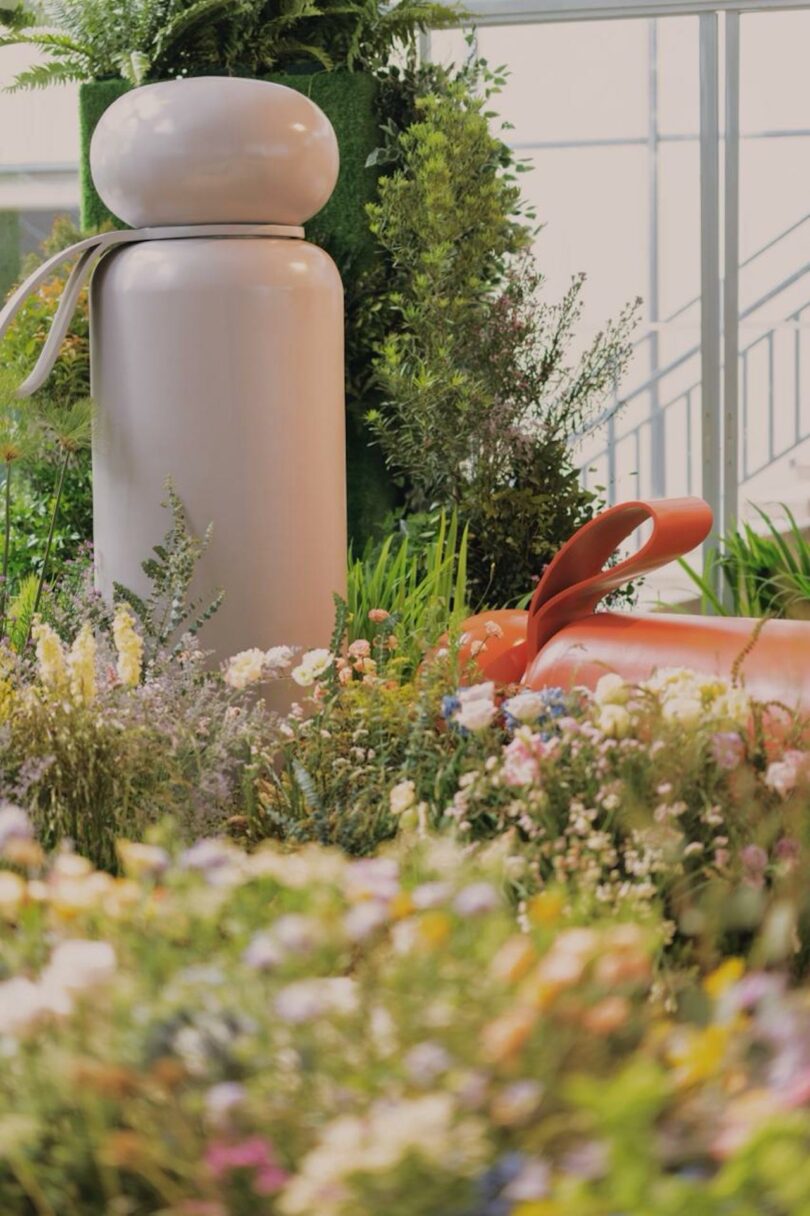 Two large, sculpture-like containers resembling thermos flasks are surrounded by a variety of blooming flowers and lush greenery. A staircase is visible in the background.