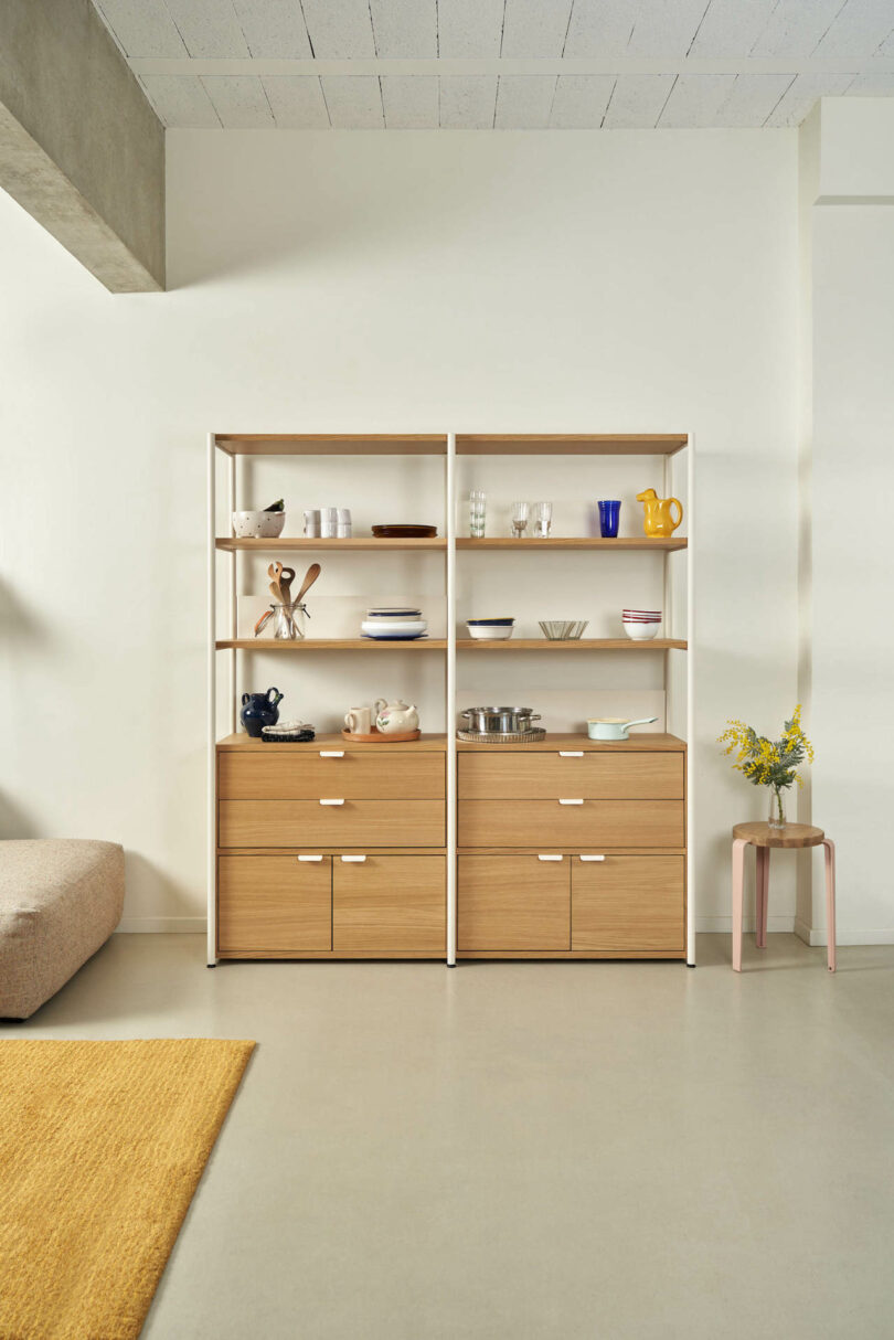 modular shelving system with wooden doors