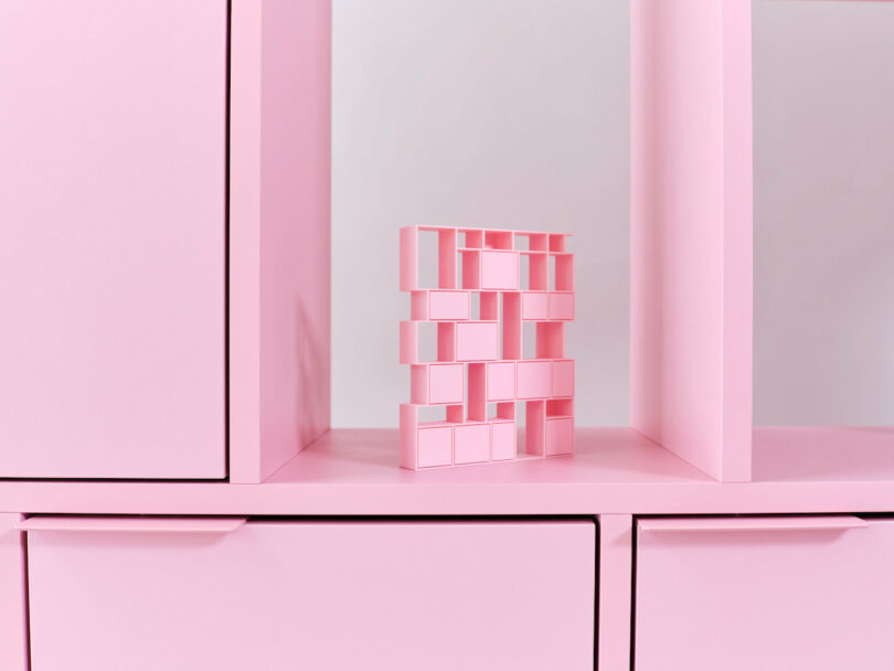 model of pink shelf on the actual pink shelf