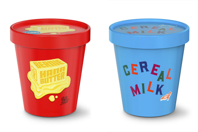 Two colorful ice cream containers with creative flavors: red labeled "BernieHana butter" and blue labeled "Cereal Milk." Each has a vibrant, playful design.