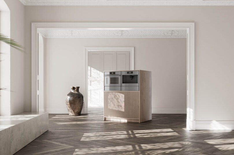 Minimalist kitchen design in a spacious room.