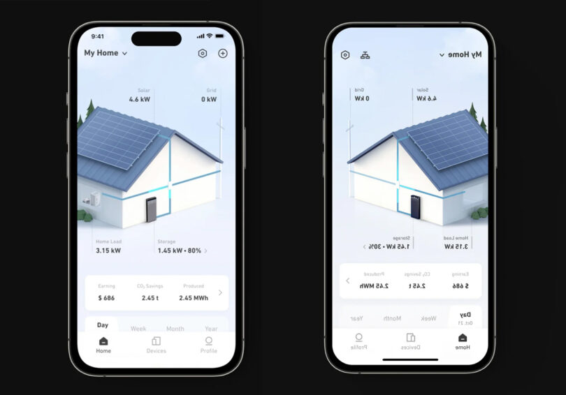 Two smartphones displaying an app for monitoring the Anker SOLIX X1 residential battery output, energy consumption, and earnings in a clean, graphic interface.
