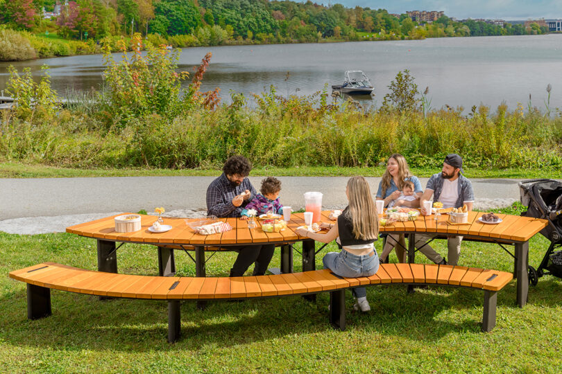 People enjoying a picnic at a curved table by a lake, with trees and boats in the background.