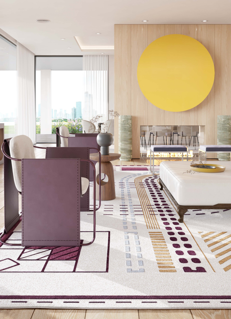 Abstract geometric patterned rug with intertwined shapes and lines in a muted color palette in a living space.