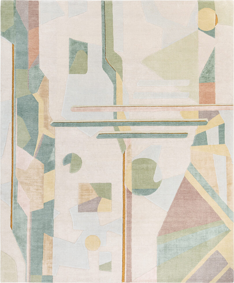 Abstract geometric pattern rug in pastel colors.
