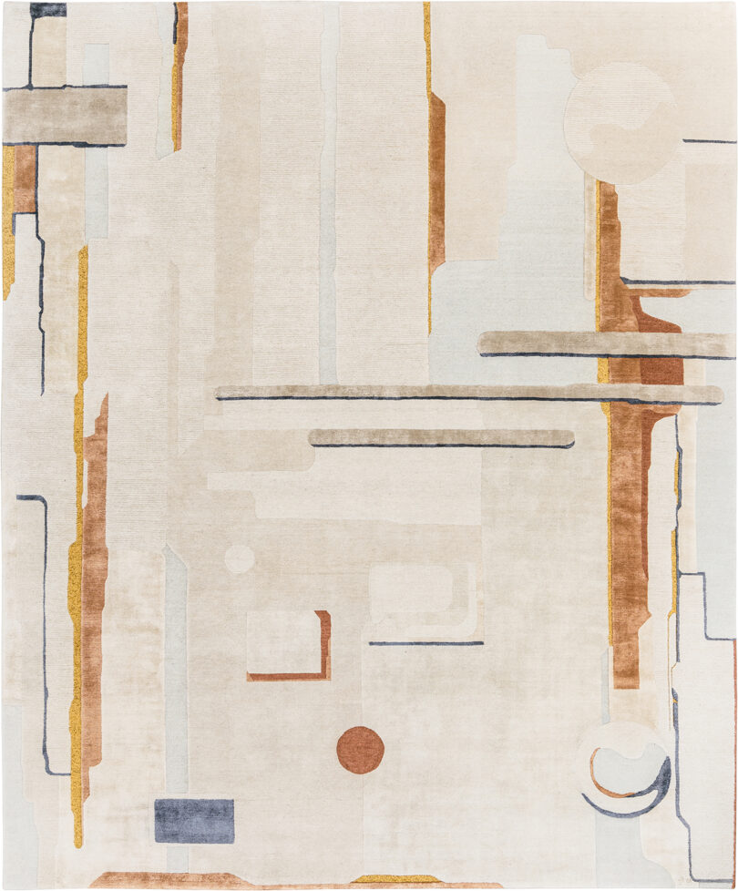 Abstract geometric rug in neutral colors.