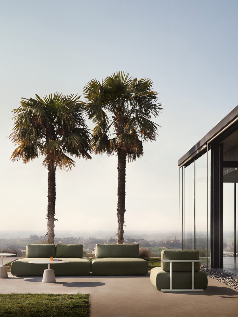Two palm trees beside modern outdoor furniture on a terrace overlooking a landscape.