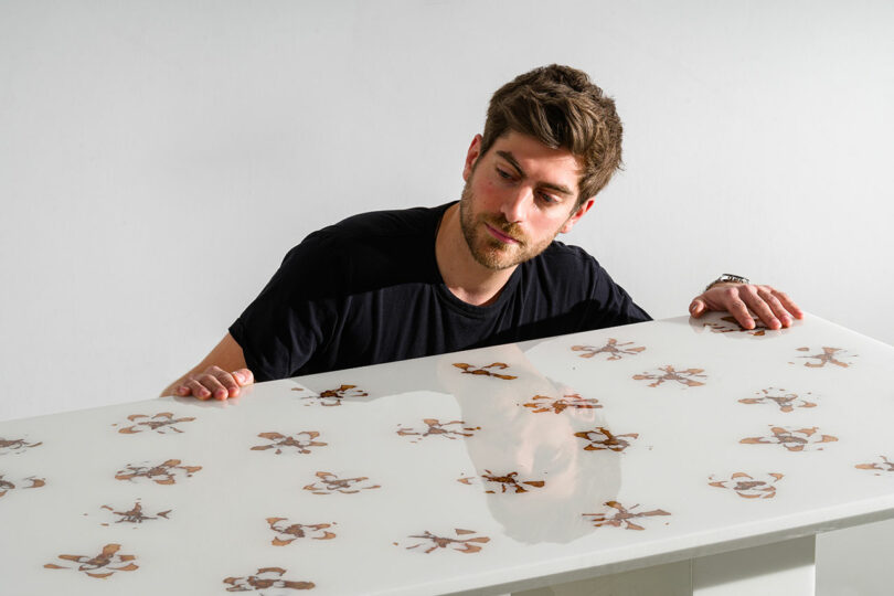 A man gazes at a white table filed with pinecone cross sections while expressing curiosity.