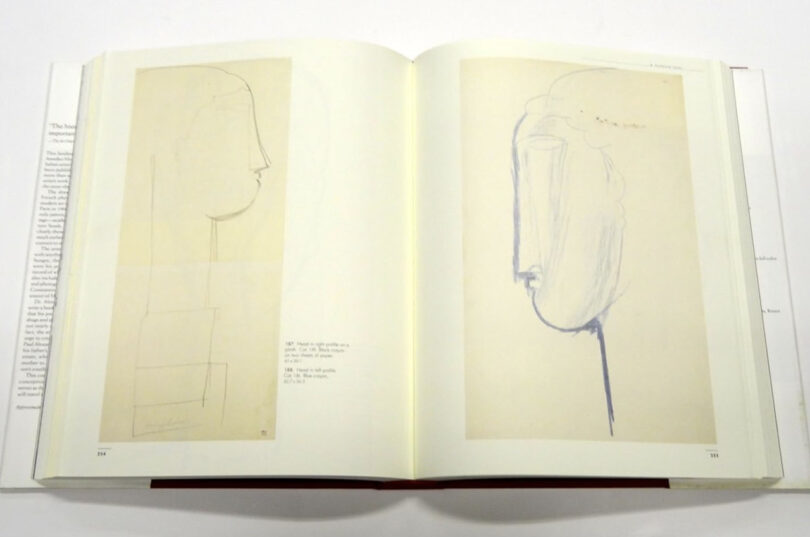 Open book displaying two pages with minimalist line drawings of human profiles.