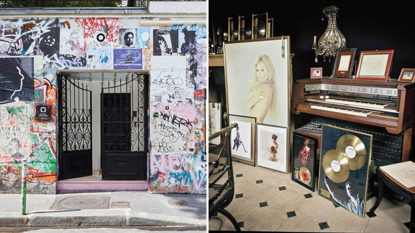 Left: graffiti-covered entrance of a building with a black door. right: interior featuring a piano, framed art, and a chandelier.