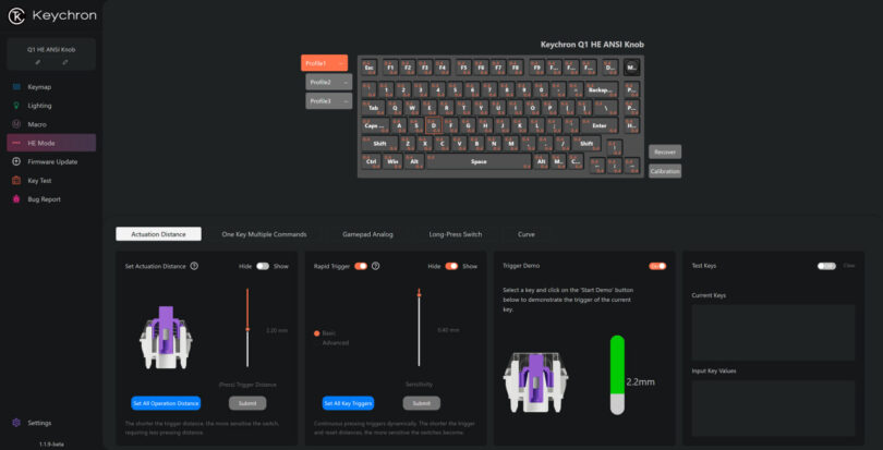Screenshot of Keychron Q1 HE mechanical keyboard software interface showing keyboard customization options including profile settings, key mapping, and switch tester tool with various parameters adjustable.