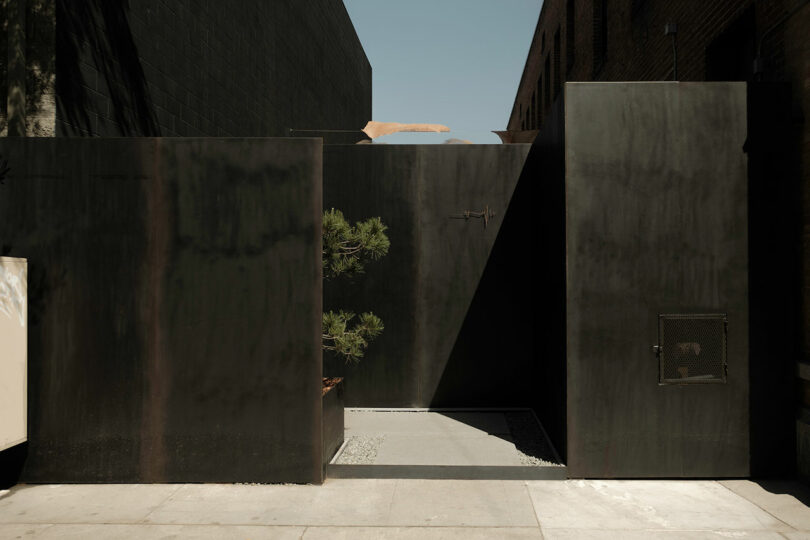 Modern courtyard with metal walls and contrasting natural elements.