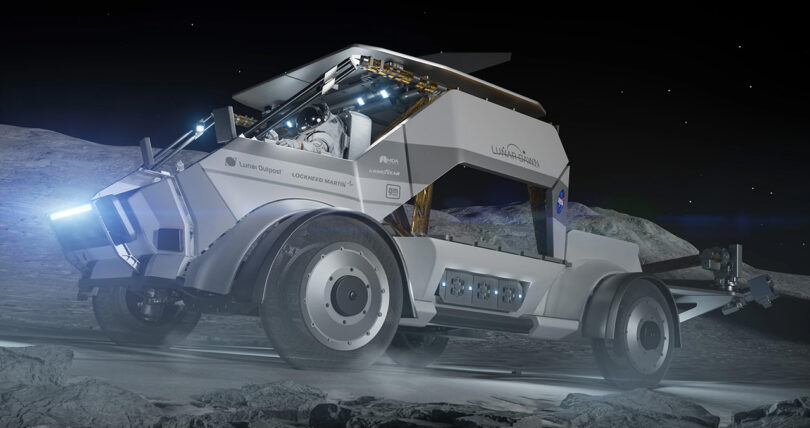 A futuristic Artemis 5 Lunar Terrain Vehicle concept driving on a simulated moon surface, featuring large wheels, a sleek body, and solar panels.
