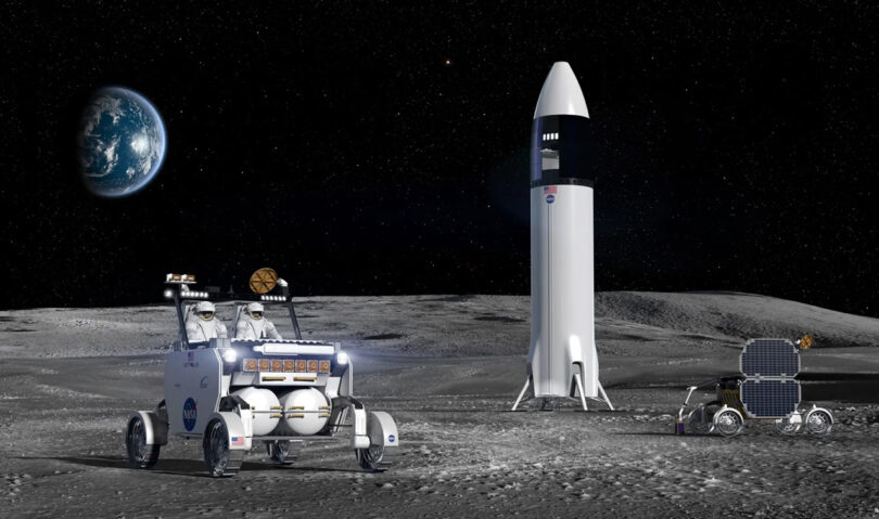 A conceptual illustration of the Artemis 5 Lunar Terrain Vehicle, cargo spacecraft, and other robotic equipment on the moon's surface with earth visible in the background.