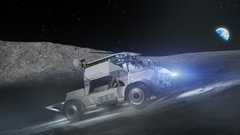 A lunar terrain vehicle traversing the moon's surface with the earth visible in the background under a starry sky.