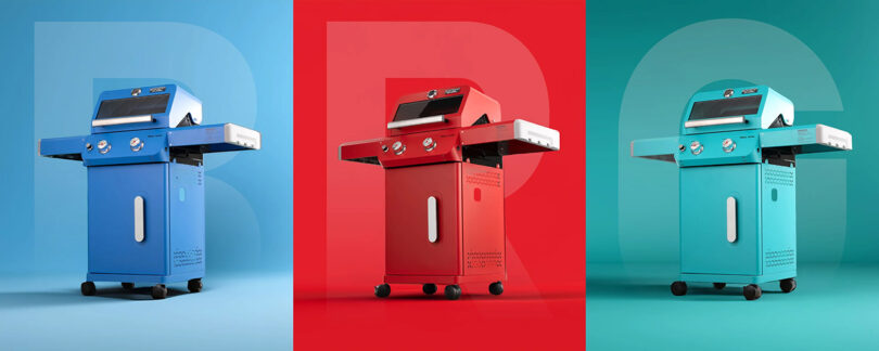 Three colorful Monument Grills Mesa Collection gas grills on matching colored backgrounds: blue, red, and teal.