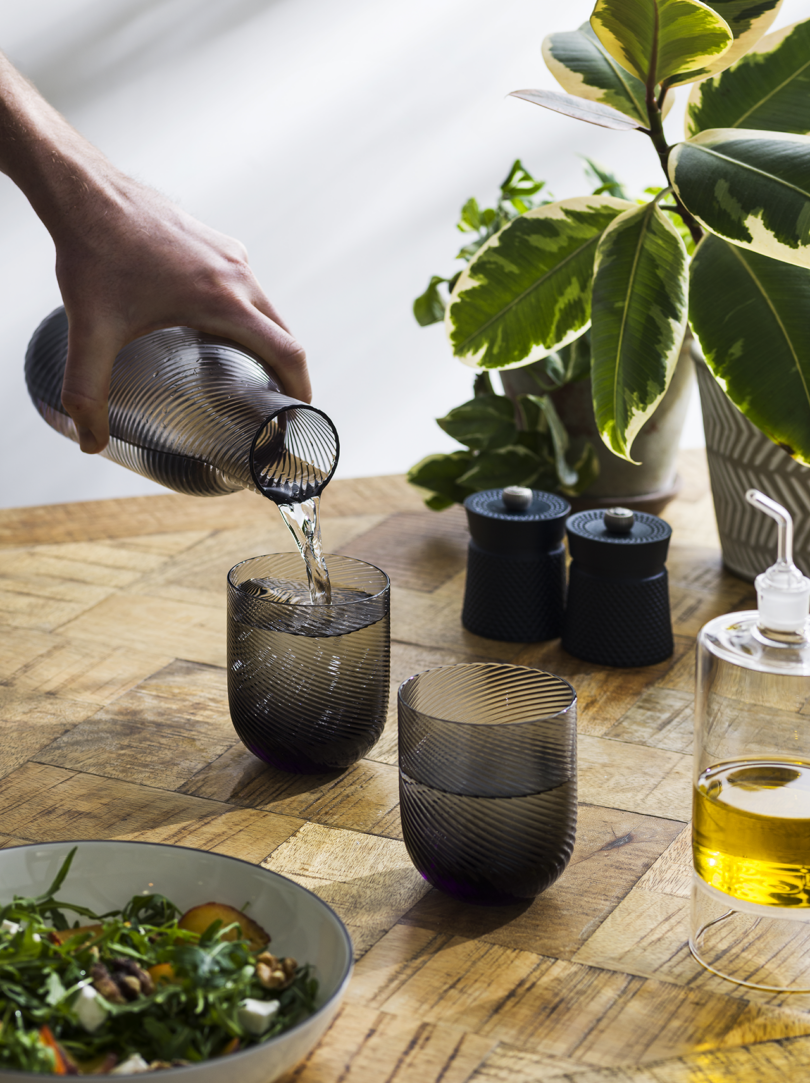 Glassware and carafe on a wooden table accompanied by decorative plants.