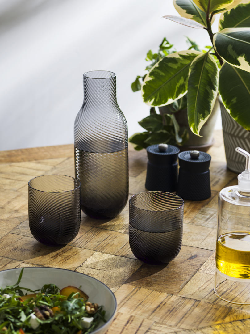 Glassware and carafe on a wooden table accompanied by decorative plants.