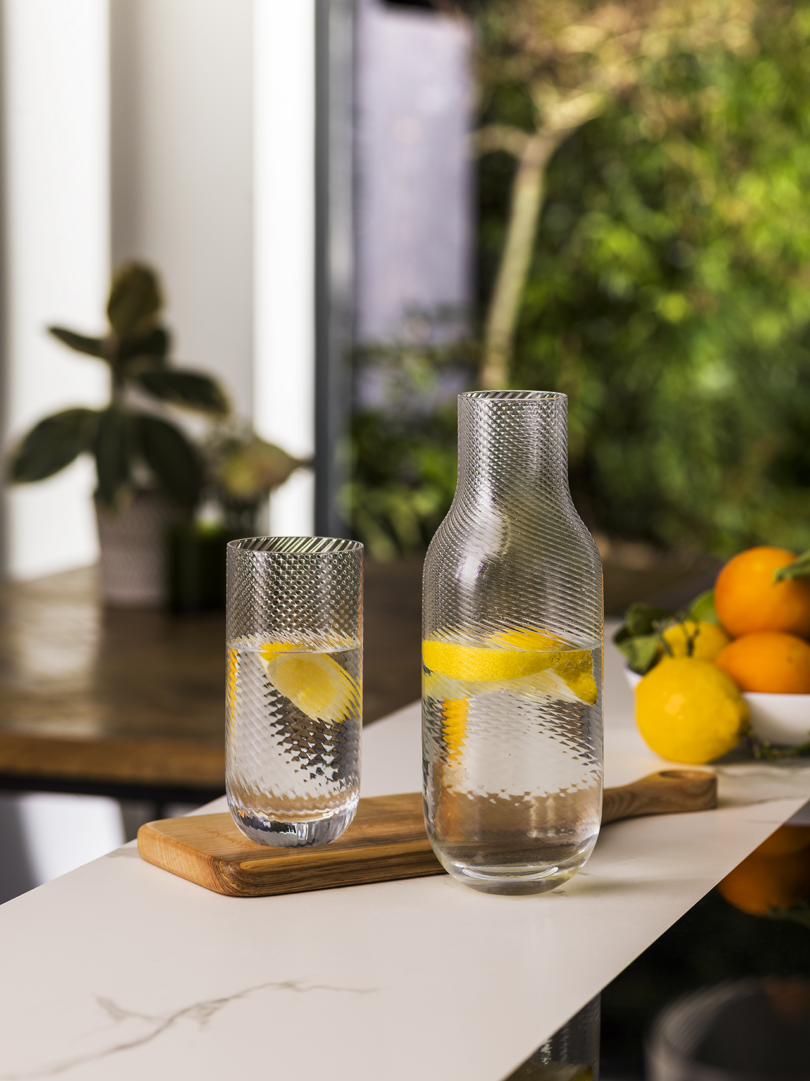A carafe and a glass with water and lemon slices on a kitchen counter, with a backdrop of indoor plants and fruits.