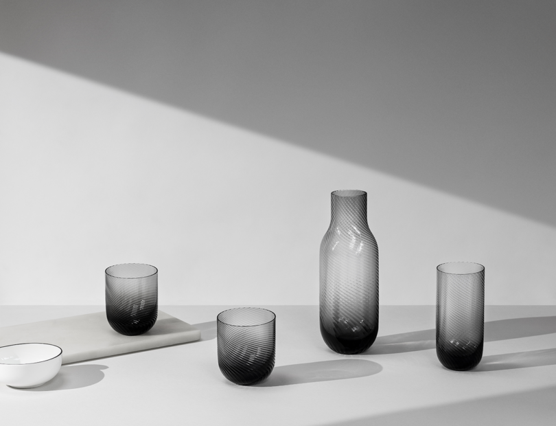 Glassware set with a ribbed design.