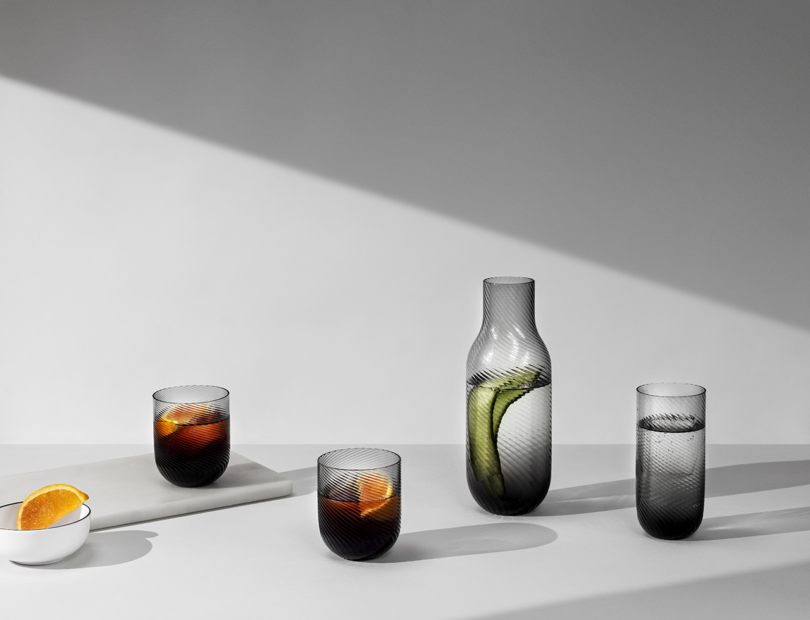 Glassware set with a ribbed design.