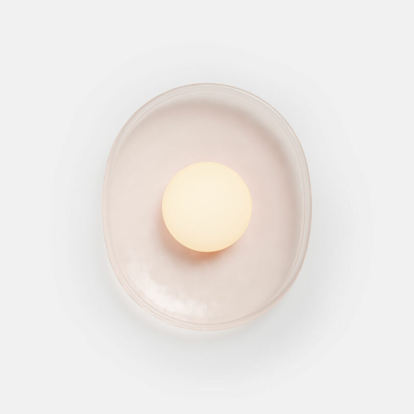 A single egg centered on a pinkish ceramic plate against a white background.