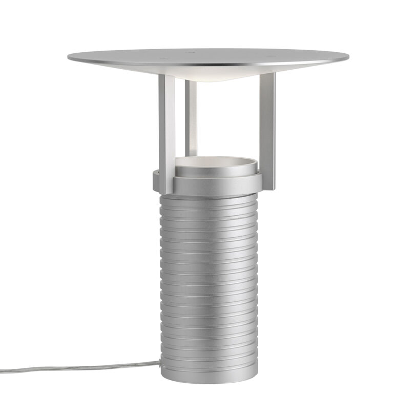Modern adjustable metal table lamp with a cylindrical base.