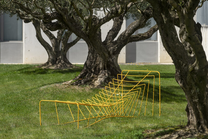 skeletal yellow sun lounger in the grass under a tree