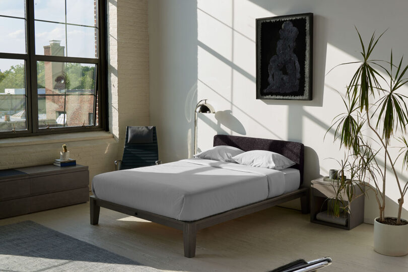 Modern bedroom with a large window, a wooden platform bed with white bedding, potted plants, and abstract art on the wall.