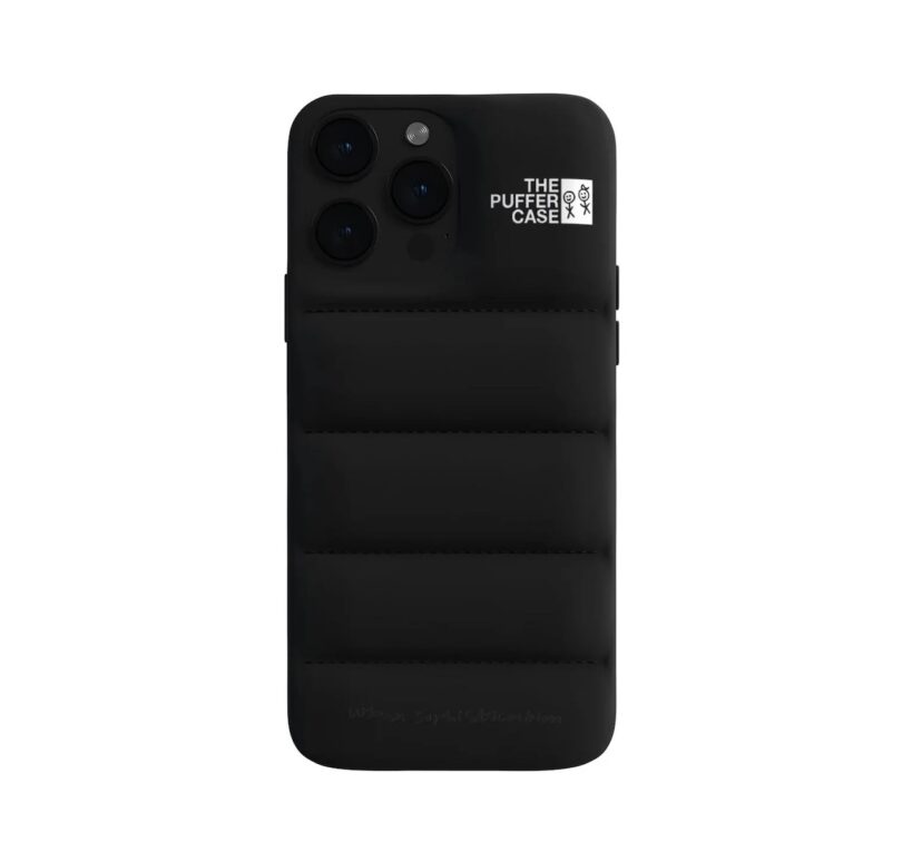 A black iPhone case with a puffer jacket design