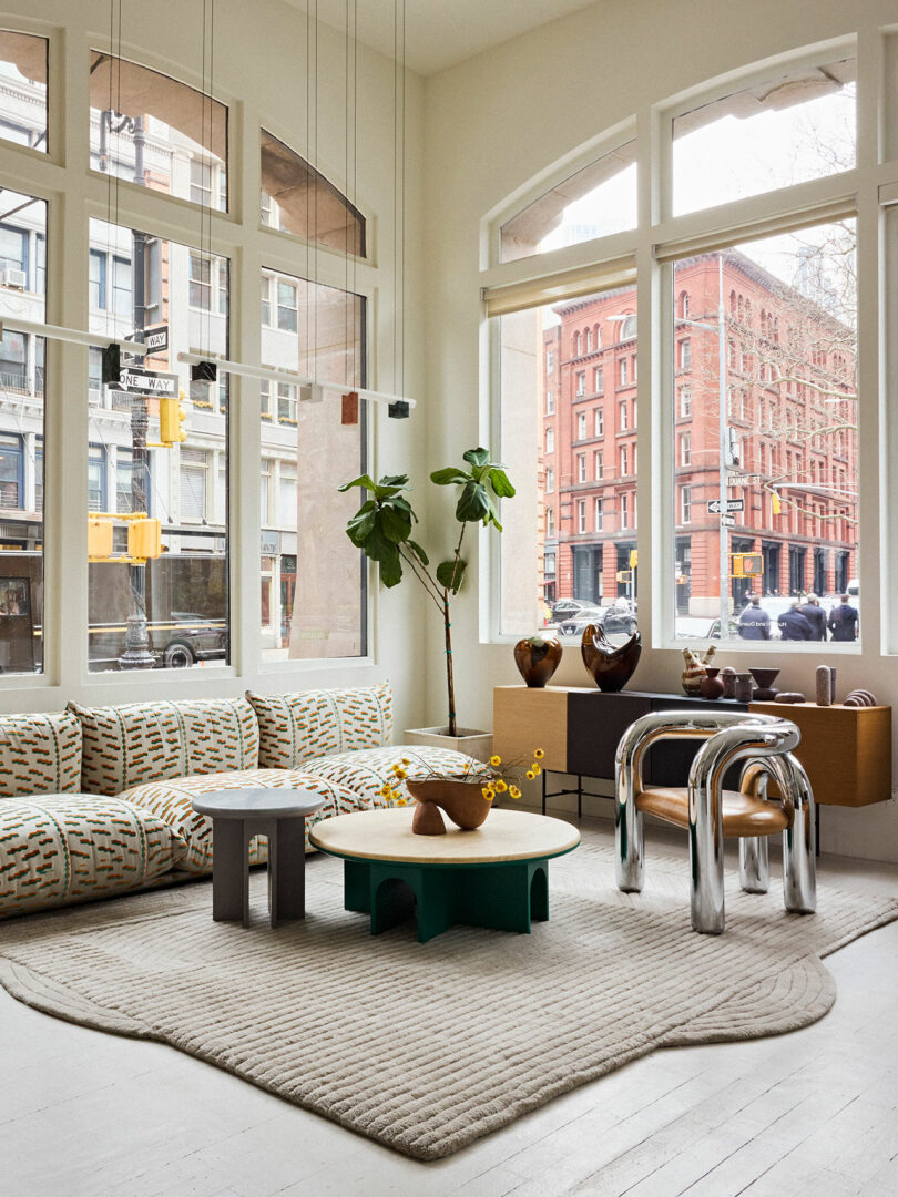 Interior of a stylish living room with large windows overlooking a city street, featuring a patterned sofa, green coffee table, and decorative plants.