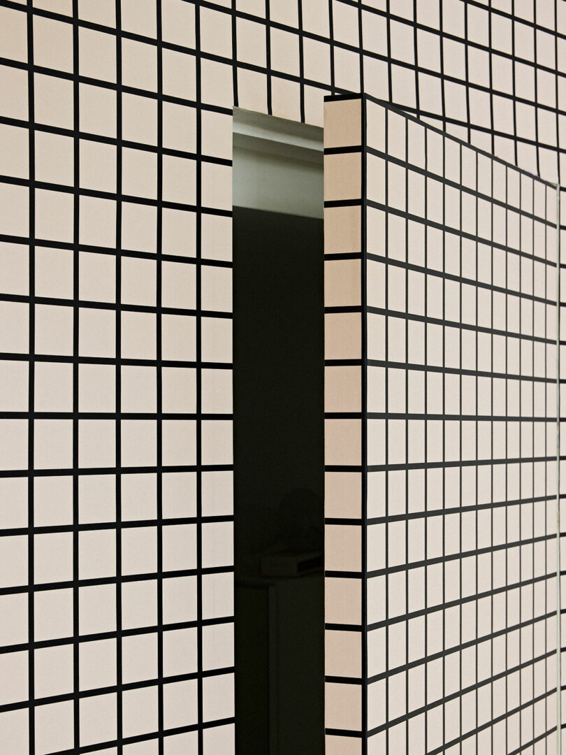 A narrow doorway set into a wall covered in a geometric black and white tile pattern, with a hint of beige tiles.
