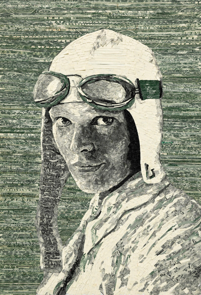 Portrait of Amelia Earhart from shredded US currency