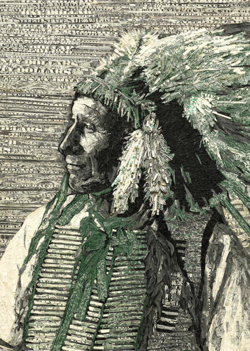 Portrait of Oglala Sious Chief from shredded US currency