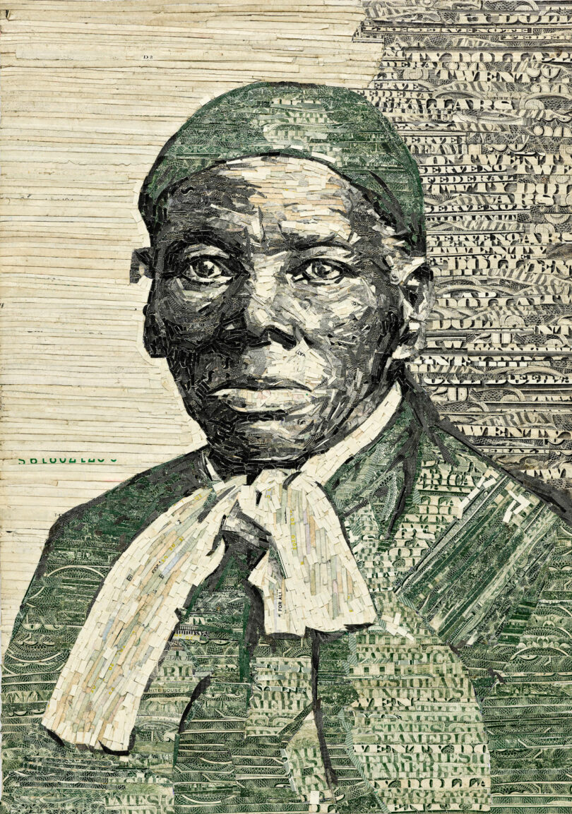 Portrait of Harriet Tubman with shredded 20 dollar bills