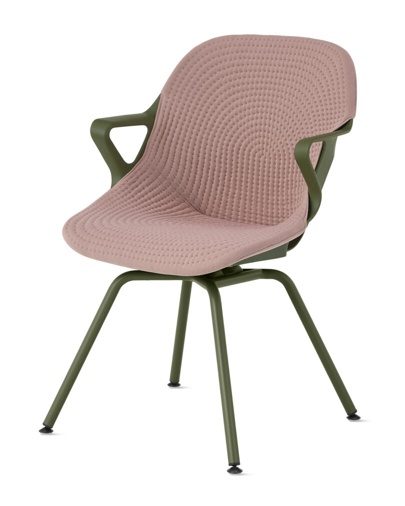 Modern chair with a textured pink seat and olive green metal legs, isolated on a white background.