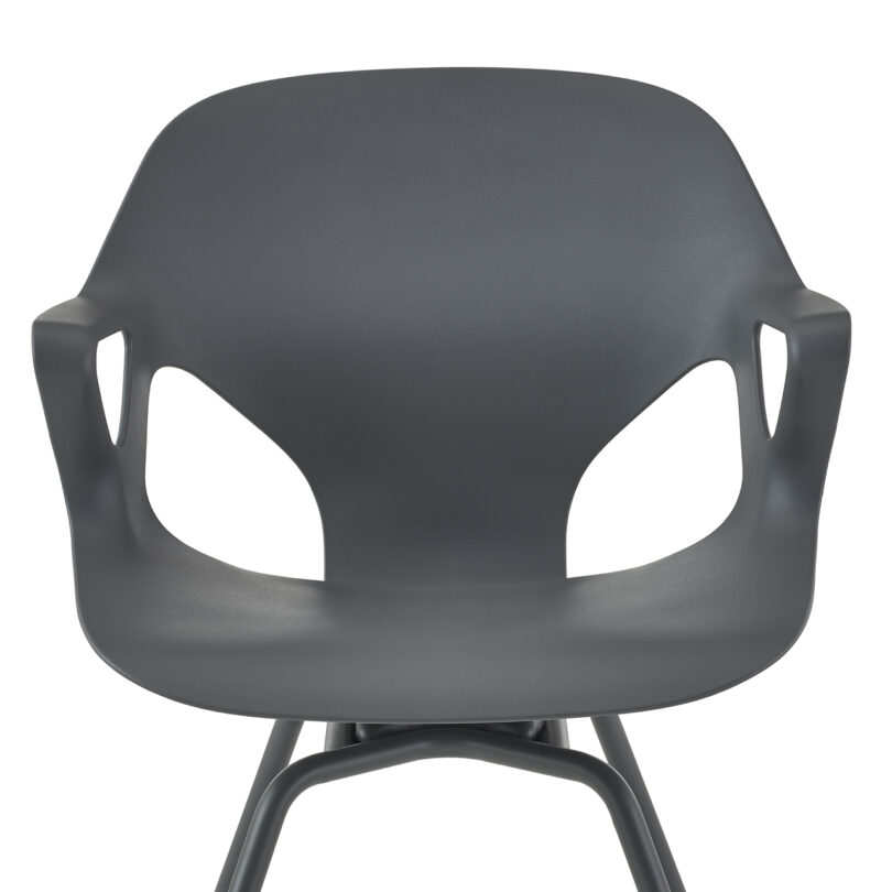 Modern dark grey chair mounted on a simple black metal frame.
