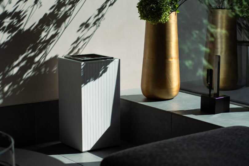 Air purifier standing in a modern room with sunlight casting shadows, next to decorative vases and a ZitA plant.