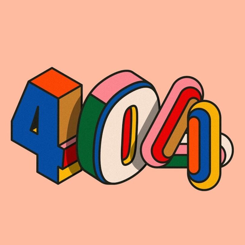 Illustration of the number "404" in a colorful, 3d block style on a pink background